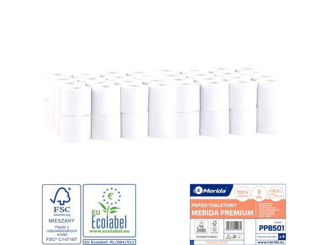 MERIDA PREMIUM roll toilet paper, white, 10.5 cm diameter, 27.5 m long, 3-ply, 64 rolls/bag, ECOLABEL